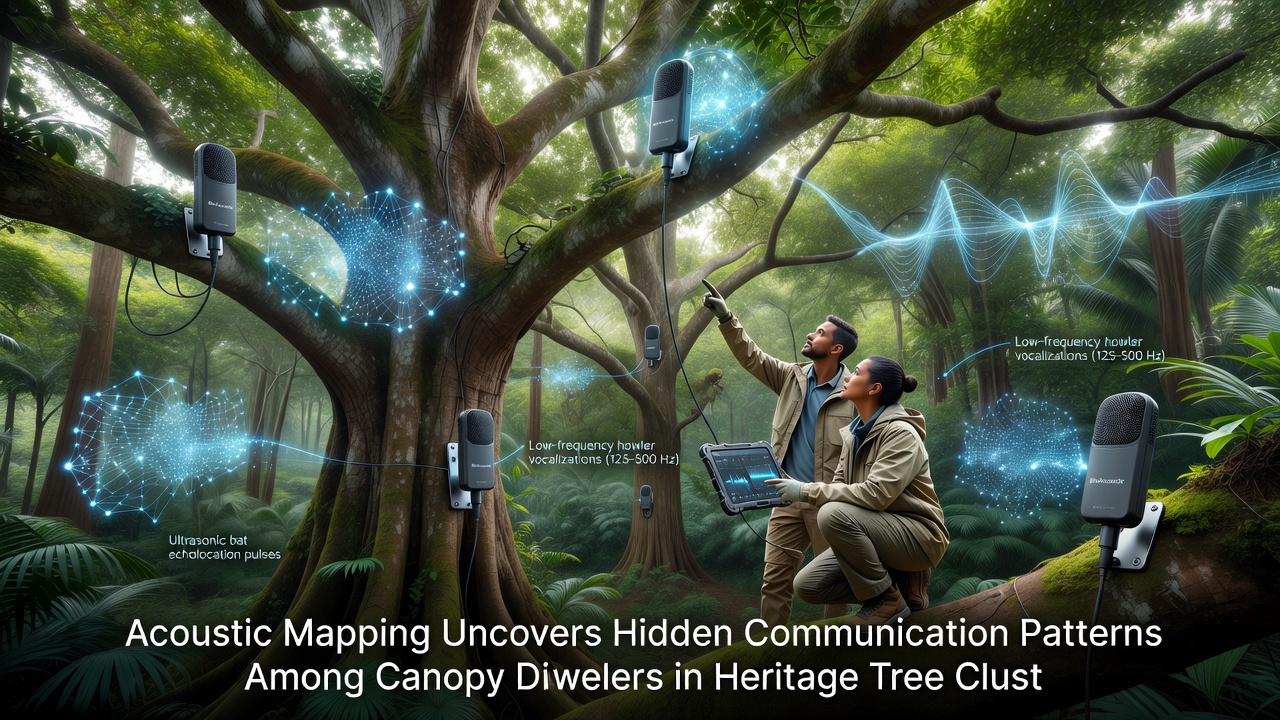 Close-up view of acoustic sensors installed high in the canopy of an ancient heritage tree