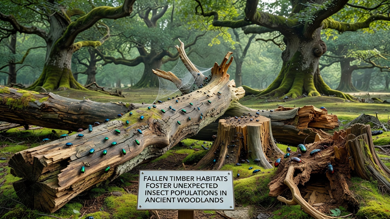 Close-up of insects and larvae active on decaying fallen timber in a dense ancient forest