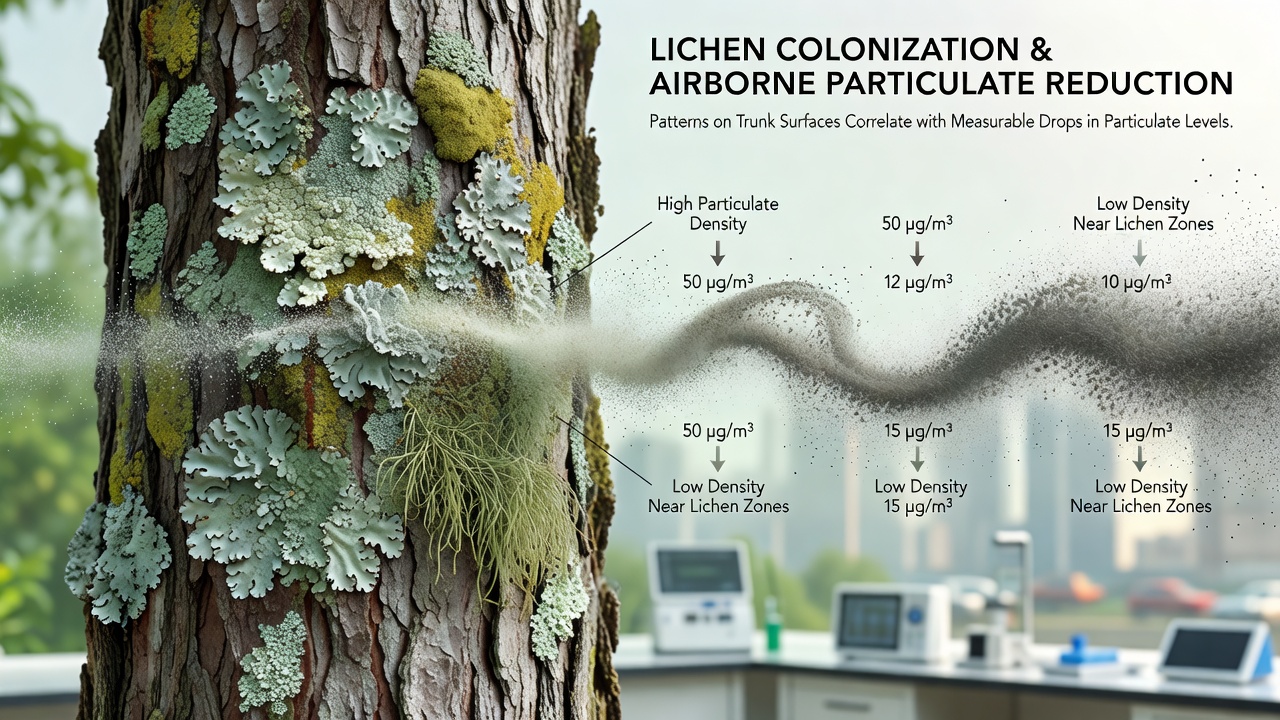 Researchers mapping lichen coverage and measuring airborne particulates in an old forest stand