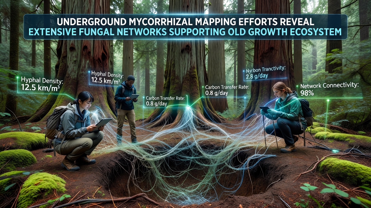 Close-up view of soil profile showing visible fungal hyphae and root connections mapped during field surveys